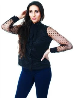 Parisian Black Dobby Mesh Pussy Bow Blouse