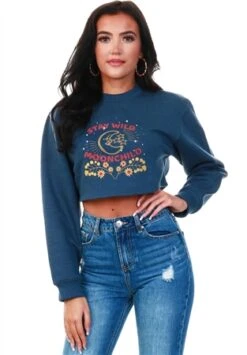 Daisy Street Navy Marl Cropped Printed Sweater
