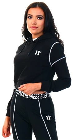 11 Degrees Black Cropped Contrast Coverstitch Pullover Hoodie