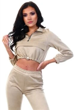 Parisian Camel Suedette Zip Front Top