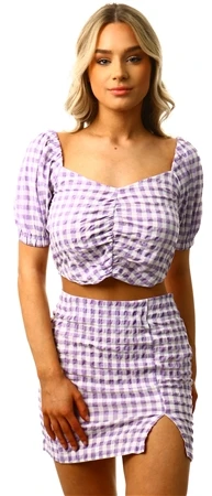 Brave Soul Violet Textured Gingham Cropped Puff Sleeve Top