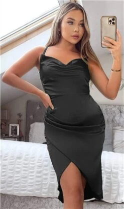 Ax Paris Black Pleated Wrap Cowl Neck Satin Midi Dress -Closet Muse Store 25440 2