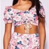 Parisian White Floral Ruched Front Puff Sleeve Crop Top -Closet Muse Store 25446