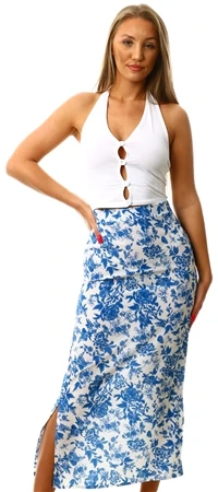 Girl In Mind White / Blue Floral Azalea Midi Skirt