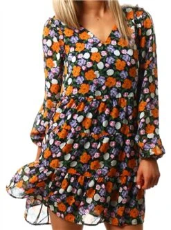 Only Paisley Purple / Black Star Regular Fit V-Neck Short Dress -Closet Muse Store 26563 1