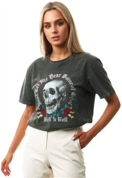 Missi London Washed Grey Acid Wash Skull Print Tee