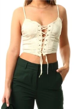 Neon & Nylon Cream / Antique White Nicole Strap Lace Up Corset Top -Closet Muse Store 26682 2