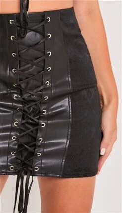 Saint Genies Black Eirian Jacquard & Faux Leather Lace Up Mini Skirt -Closet Muse Store 26692 1