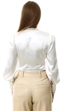 Glamorous White Satin Long Sleeve Lace Trim Top -Closet Muse Store 27665 3