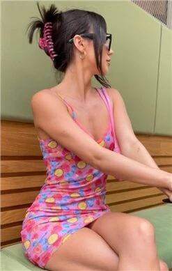 Glamorous Pink Fruit Print Mesh Strappy Short Dress -Closet Muse Store 27864 2