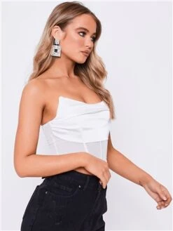 Saint Genies White Faye Satin Drape Front Mesh Detail Corset Top -Closet Muse Store 28043 2