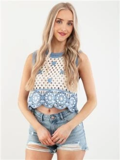 Qed Blue / White Crochet Flower Sleeveless Top