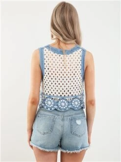 Qed Blue / White Crochet Flower Sleeveless Top -Closet Muse Store 28136 3