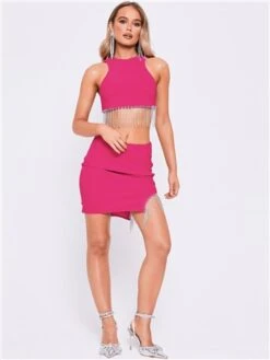 Saint Genies Hot Pink Beatrix Diamante Fringe Asymmetric Mini Skirt -Closet Muse Store 28187 2