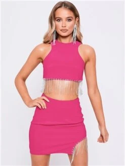 Saint Genies Hot Pink Beatrix Diamante Fringe Asymmetric Mini Skirt