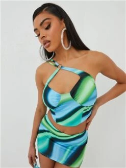 Ego Blue Swirl Print Slinky Cross Strap Ring Detail Corset Crop Top