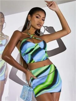 Ego Blue Swirl Print Slinky Cross Strap Ring Detail Corset Crop Top -Closet Muse Store 28276 3