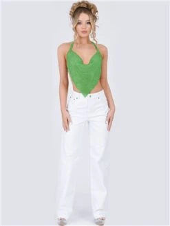 Saint Genies Green Summer Cowl Neck Bandana Diamante Chainmail Top -Closet Muse Store 28317 2