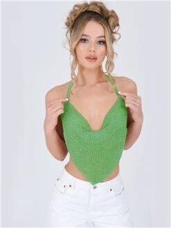 Saint Genies Green Summer Cowl Neck Bandana Diamante Chainmail Top