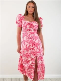 Girl In Mind Pink Floral Lillian Sweetheart Midi Dress