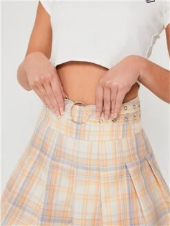 Saint Genies Cream / Yellow Check Pleat Mini Skirt -Closet Muse Store 28389 1