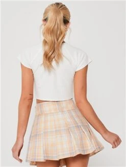Saint Genies Cream / Yellow Check Pleat Mini Skirt -Closet Muse Store 28389 3