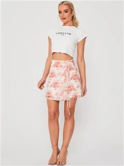 Saint Genies Cream / Orange Floral Wrap Mini Skirt -Closet Muse Store 28390 2