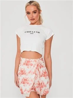 Saint Genies Cream / Orange Floral Wrap Mini Skirt