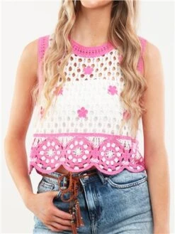 Qed Pink / White Crochet Flower Sleeveless Top -Closet Muse Store 28409 1