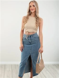 Brave Soul Mid Blue Mavis Acid Wash Midi Denim Skirt