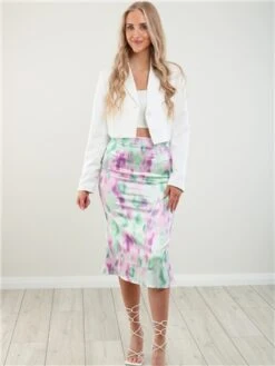 Saint Genies Pink / Cream Blurred Print Satin Midi Skirt -Closet Muse Store 28453 2