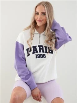Vivichi Light Cream/ Lilac Zip Paris Crew Sweater