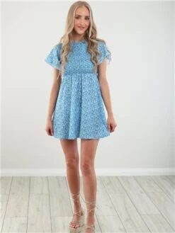 Daisy Street Ditsy Floral Blue Ruched Mini Dress -Closet Muse Store 28467 2