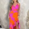 Ax Paris Pink And Orange Floral Printed Wrap Over Strappy Midi Dress -Closet Muse Store 28509