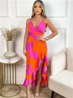 Ax Paris Pink And Orange Floral Printed Wrap Over Strappy Midi Dress 8 Ax Paris Pink And Orange Floral Printed Wrap Over Strappy Midi Dress -Closet Muse Store 28509 2