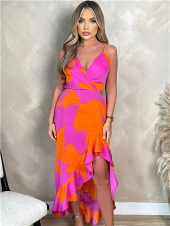 Ax Paris Pink And Orange Floral Printed Wrap Over Strappy Midi Dress 3 Ax Paris Pink And Orange Floral Printed Wrap Over Strappy Midi Dress