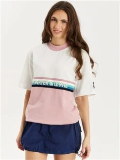 Harper & Lewis Cream / Dusky Pink Colour Block Panel Logo T-Shirt