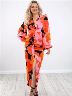 Girl In Mind Orange Balloon Sleeve Print Dress -Closet Muse Store 28586 2