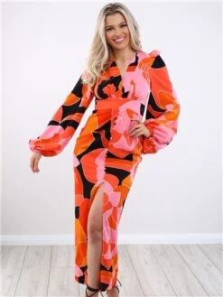 Girl In Mind Orange Balloon Sleeve Print Dress