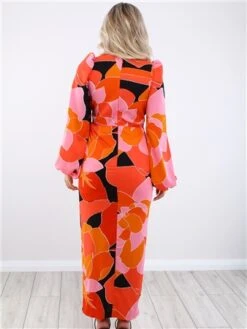 Girl In Mind Orange Balloon Sleeve Print Dress -Closet Muse Store 28586 3