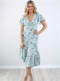 Missi London Blue Floral Print Pattern Midi Dress -Closet Muse Store 28588 2