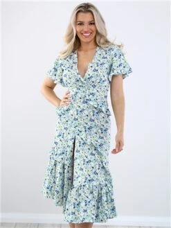 Missi London Blue Floral Print Pattern Midi Dress
