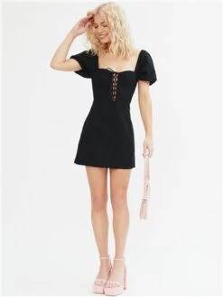 The Frolic Black Crochet Short Puff Sleeve Dress -Closet Muse Store 28611 2