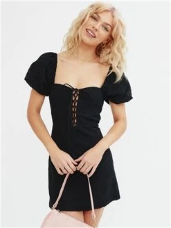 The Frolic Black Crochet Short Puff Sleeve Dress