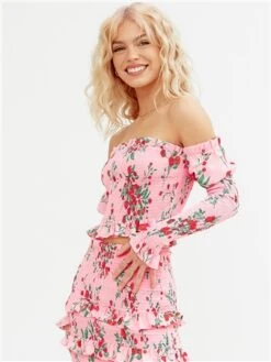 The Frolic Pink Patricia Ruffle Long Sleeve Cropped Top