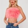 Saint Genies Pink Mya Strapless Feather Crop Top -Closet Muse Store 28660