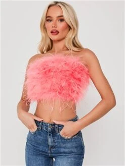 Saint Genies Pink Mya Strapless Feather Crop Top