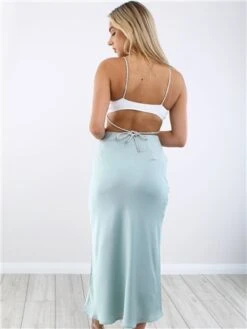 Vivichi Sage Green Satin Maxi Skirt -Closet Muse Store 28681 3