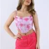 Saint Genies Lilac / Pink Floral Satin Drape Front Corset Top -Closet Muse Store 28736
