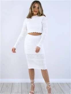 Saint Genies White Crochet Knit Midi Skirt -Closet Muse Store 28765 2